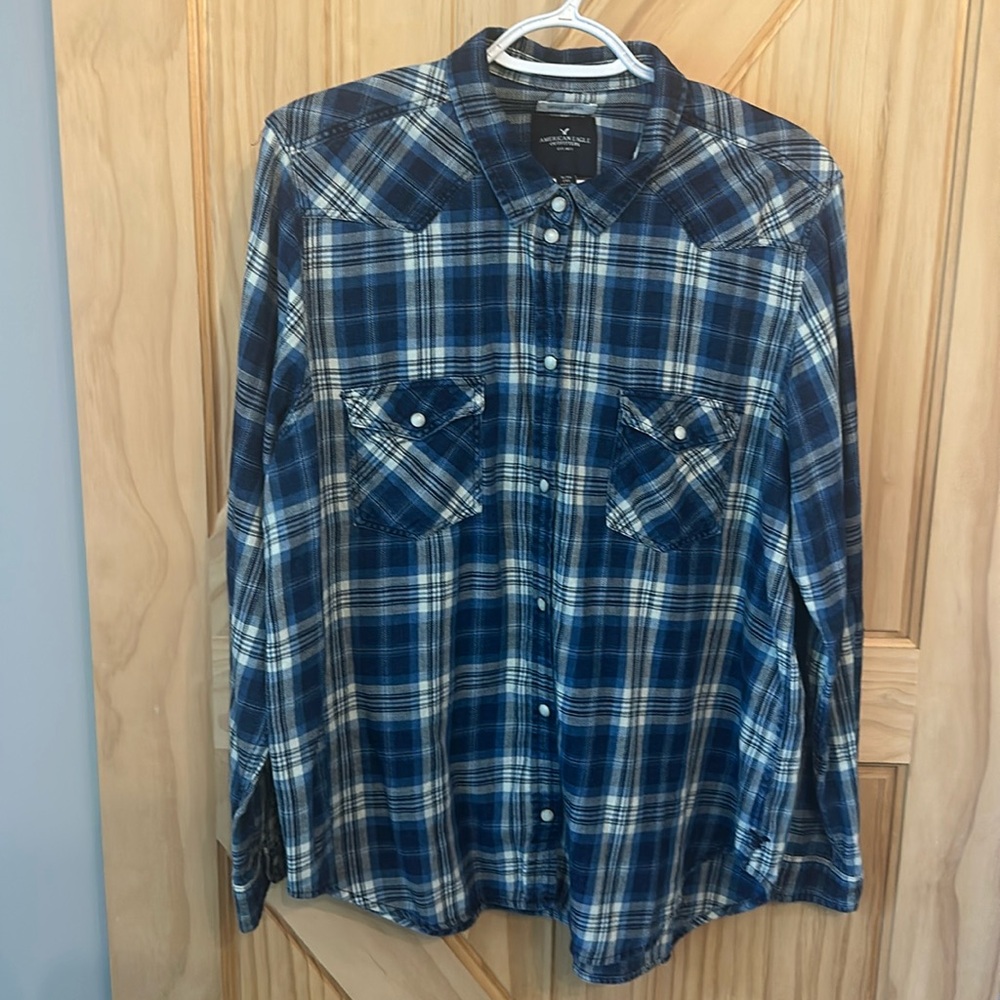 American Eagle Flannel Blue Plaid Boyfriend Fit Shirt Size XL/TG